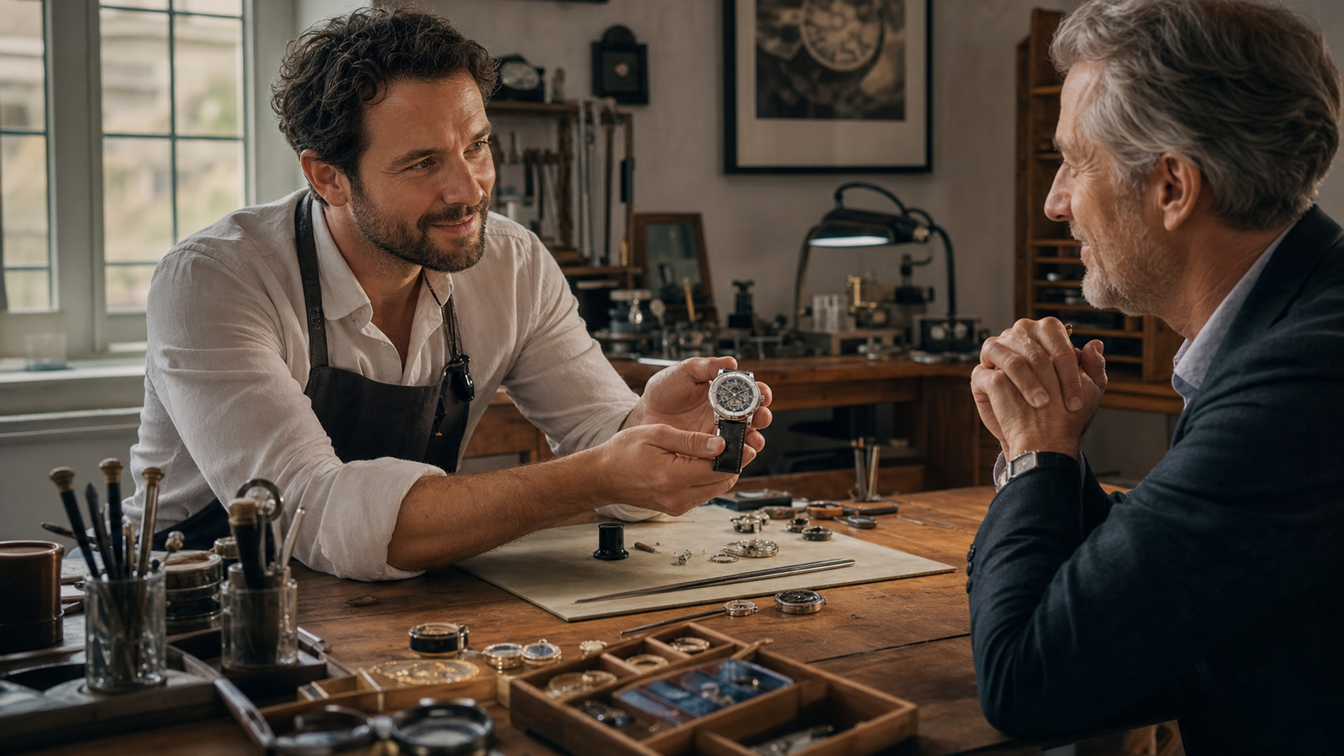 Independent watchmaker presenting a mechanical watch to a collector at the bench