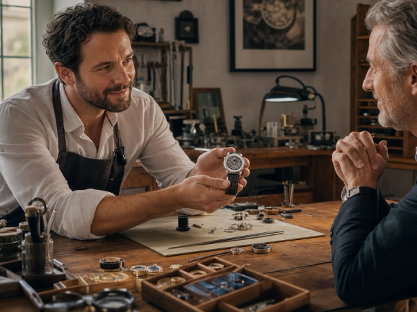 Independent watchmaker presenting a mechanical watch to a collector at the bench