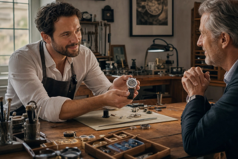 Independent watchmaker presenting a mechanical watch to a collector at the bench