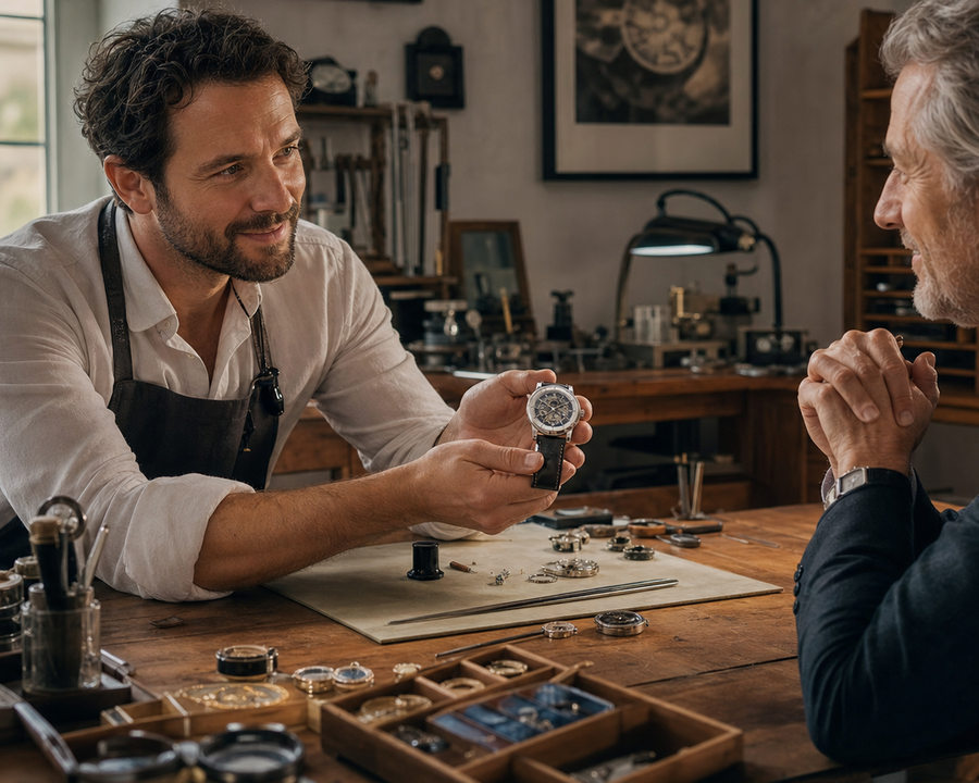Independent watchmaker presenting a mechanical watch to a collector at the bench