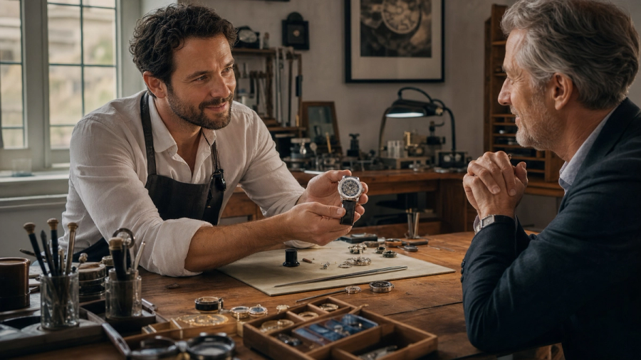 Independent watchmaker presenting a mechanical watch to a collector at the bench