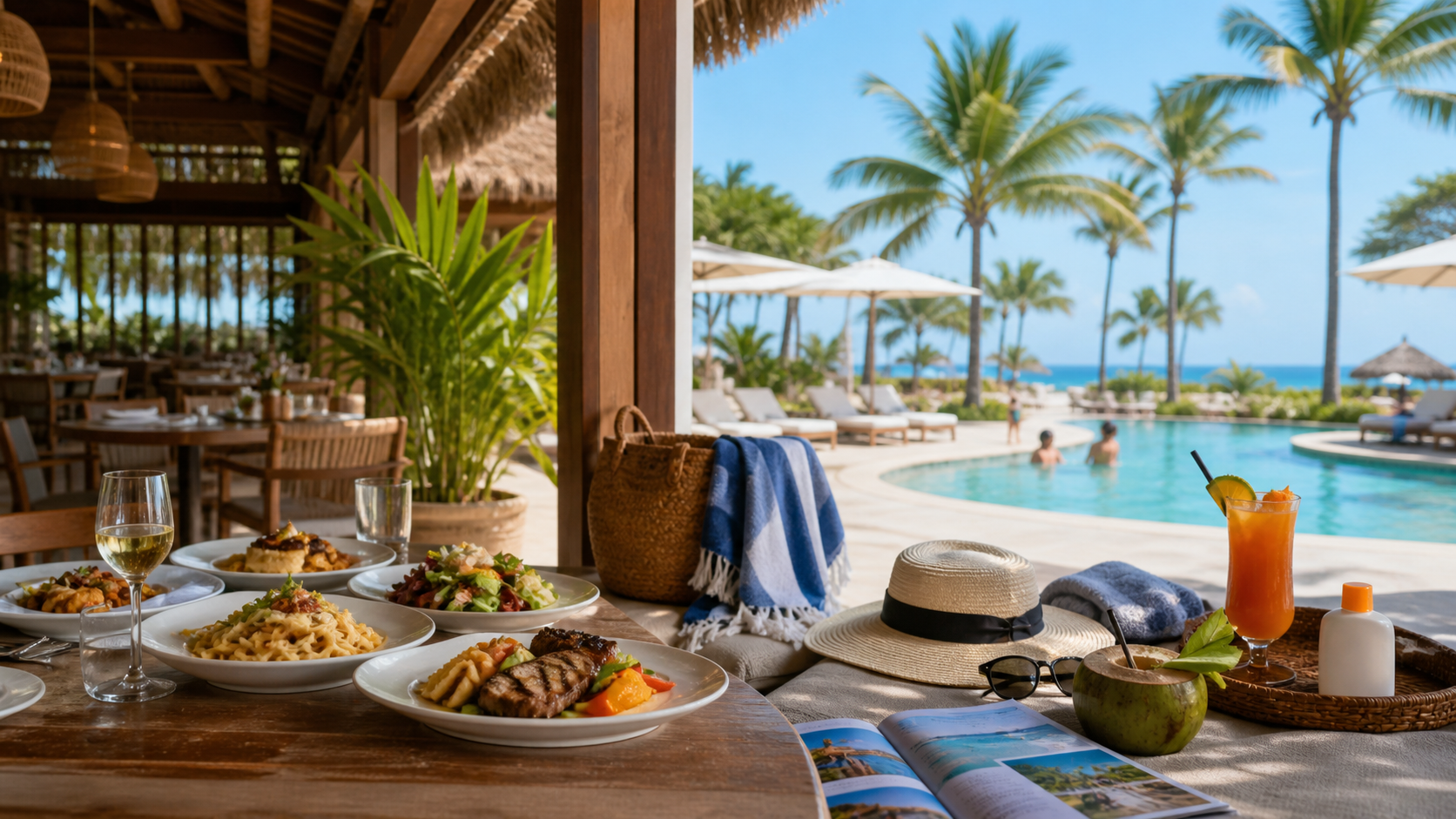 Luxury resort guest comparing full-board meals with an all-inclusive stay