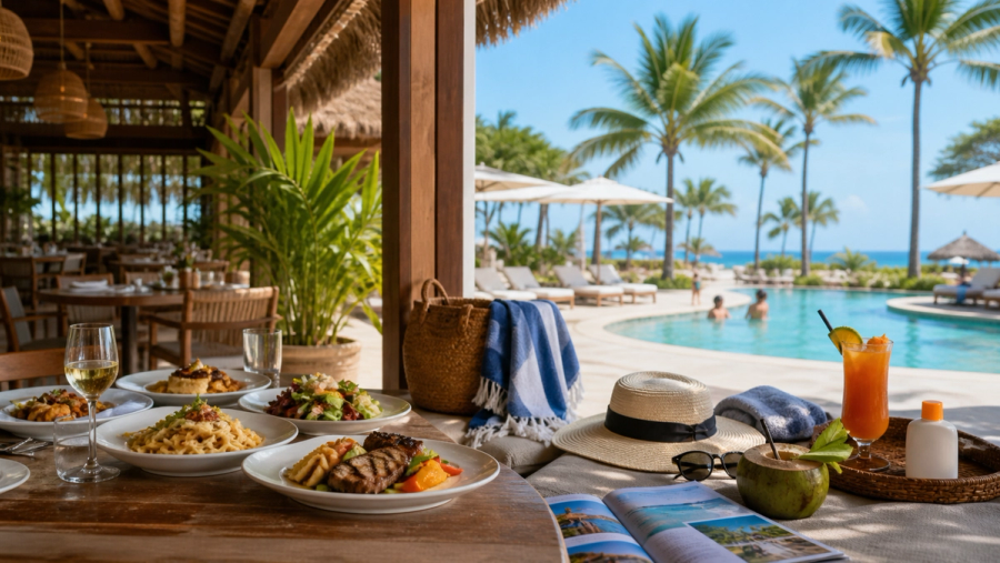 Luxury resort guest comparing full-board meals with an all-inclusive stay