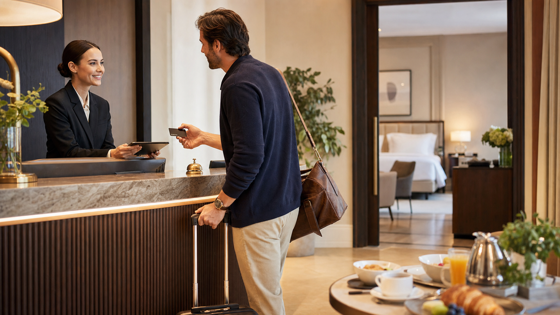 Frequent traveller comparing hotel programmes with room key, breakfast and mobile booking cues