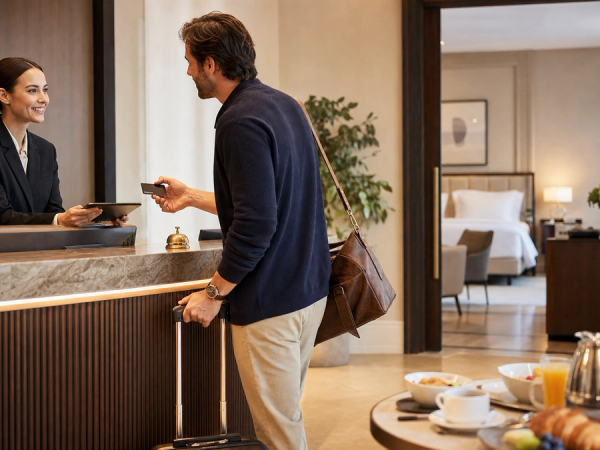 Frequent traveller comparing hotel programmes with room key, breakfast and mobile booking cues