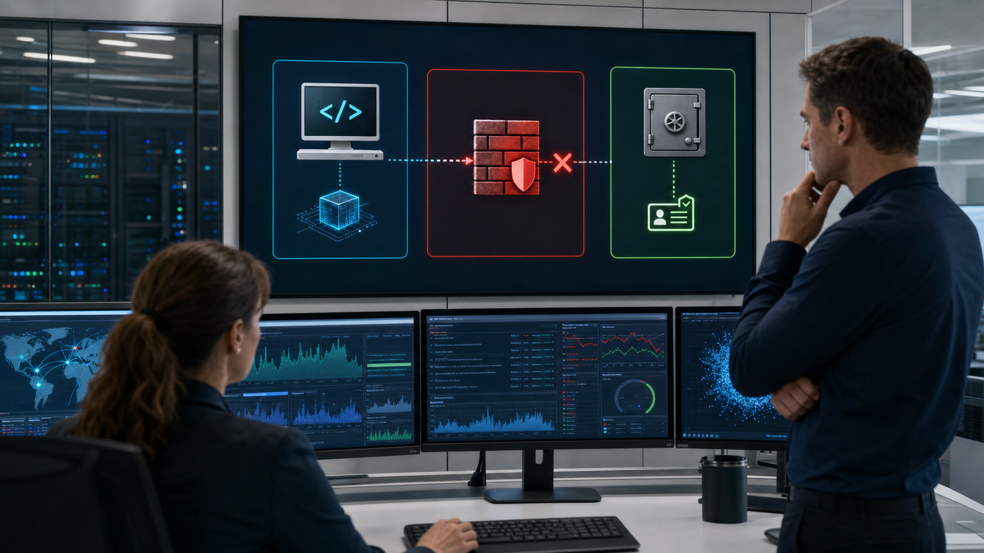 A security operations team examining an AI agent containment diagram with isolated network and credential boundaries