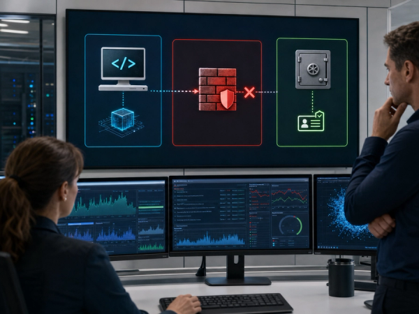 A security operations team examining an AI agent containment diagram with isolated network and credential boundaries