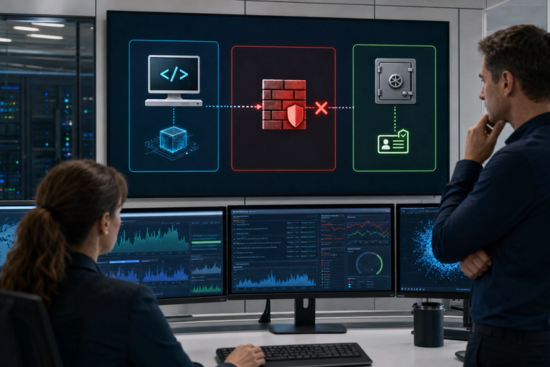 A security operations team examining an AI agent containment diagram with isolated network and credential boundaries
