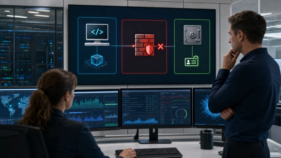A security operations team examining an AI agent containment diagram with isolated network and credential boundaries