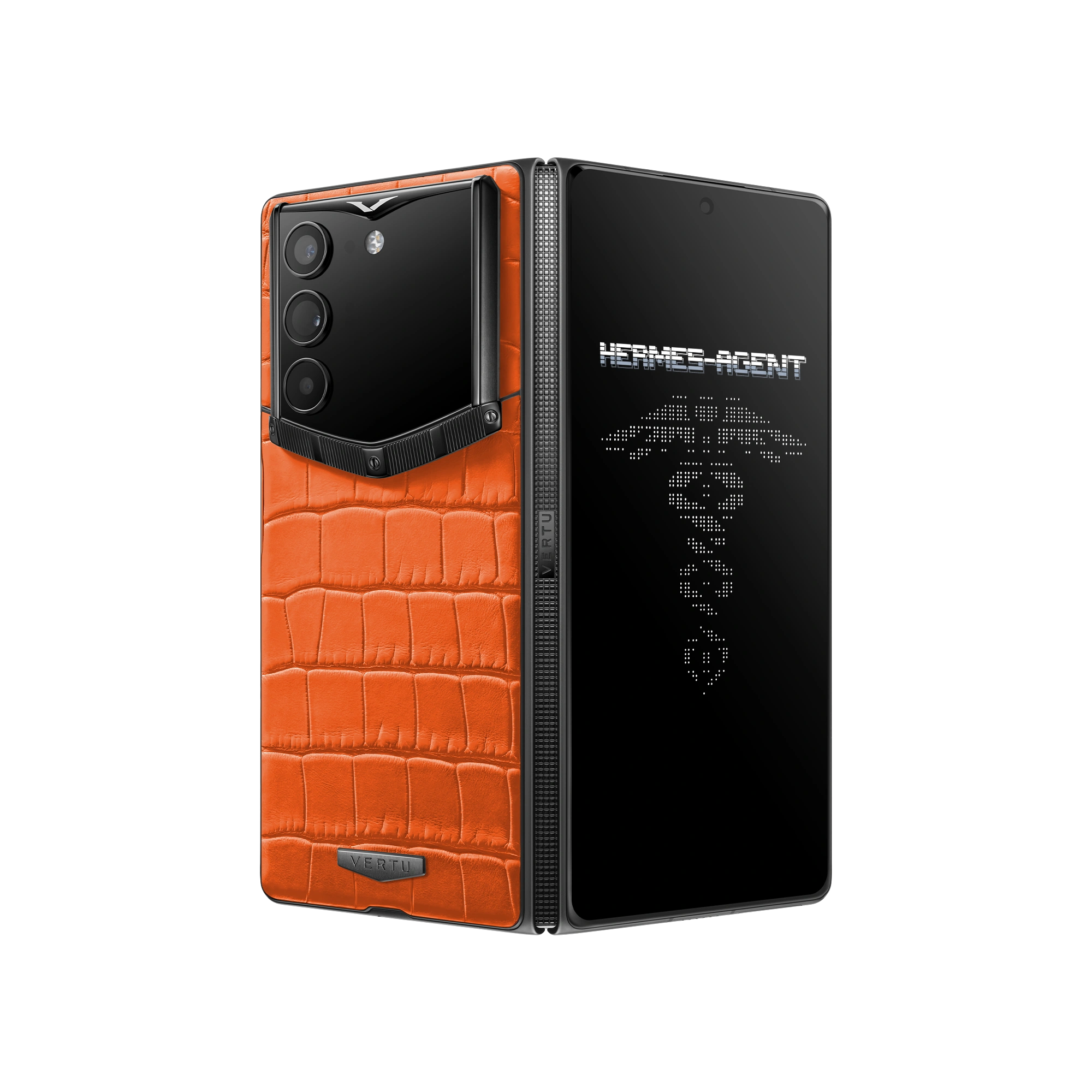 A VERTU AlphaFold in a bespoke alligator skin finish being presented in its luxury case.
