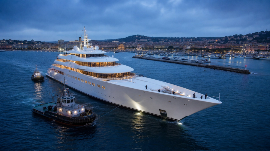 A record-scale white superyacht entering harbour with tugboats and crew visible for scale