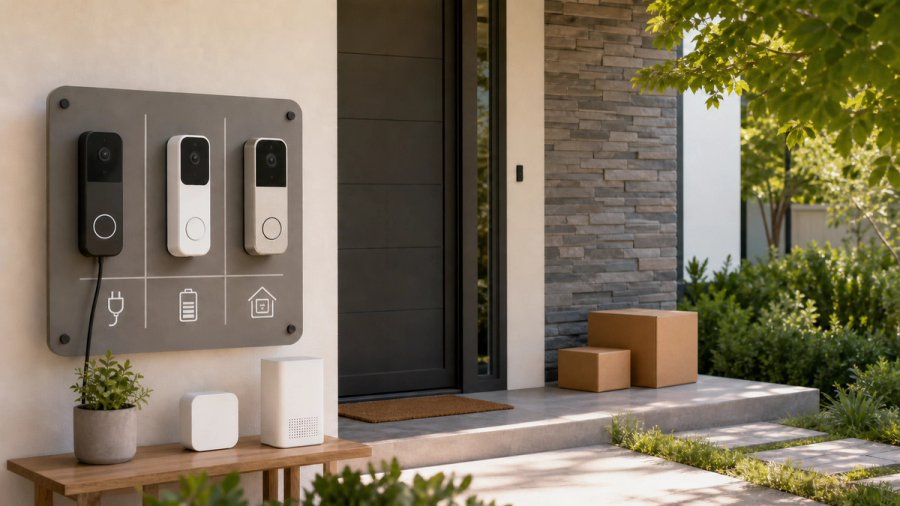 Video-doorbell setups compared by power, coverage and storage