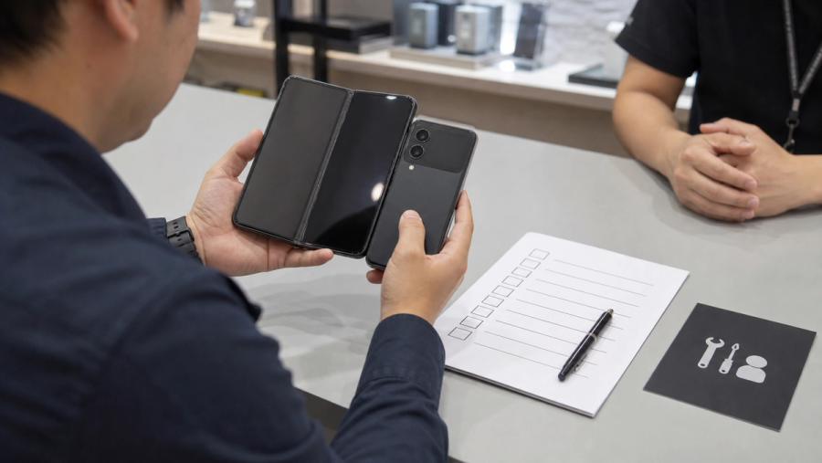 Foldable phone buyer checking hinge screen and ownership questions