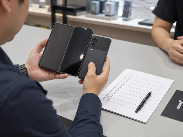 Foldable phone buyer checking hinge screen and ownership questions