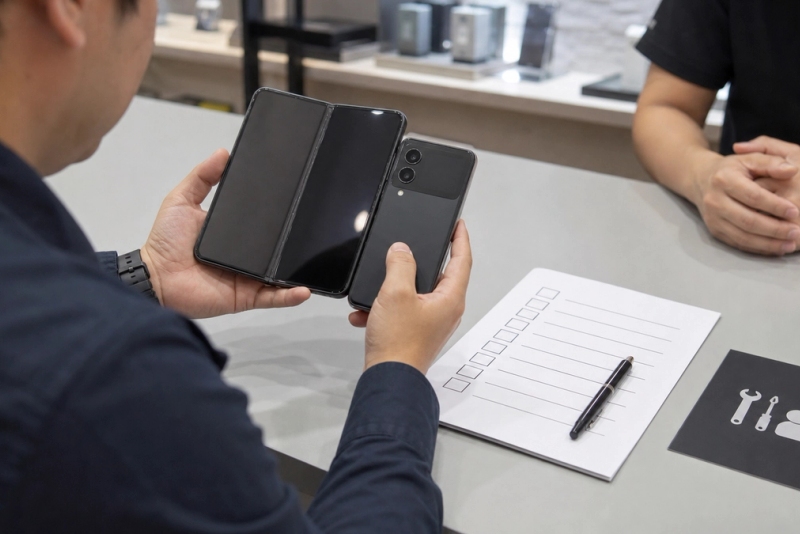 Foldable phone buyer checking hinge screen and ownership questions