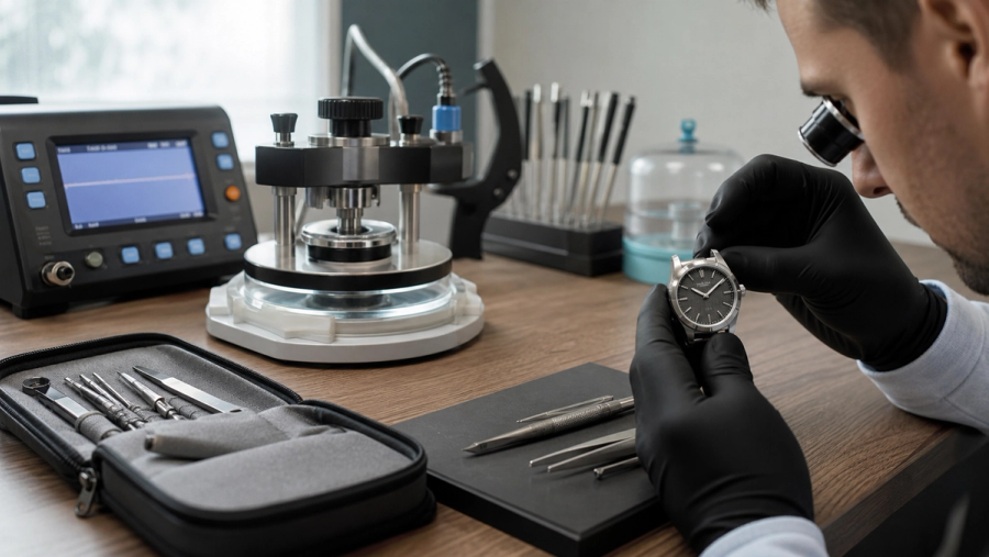 Chronograph and dive watch prepared for professional servicing