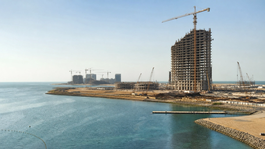 editorial coastal photograph of Al Marjan Island in Ras Al Khaimah with a major resort tower visibly under construction