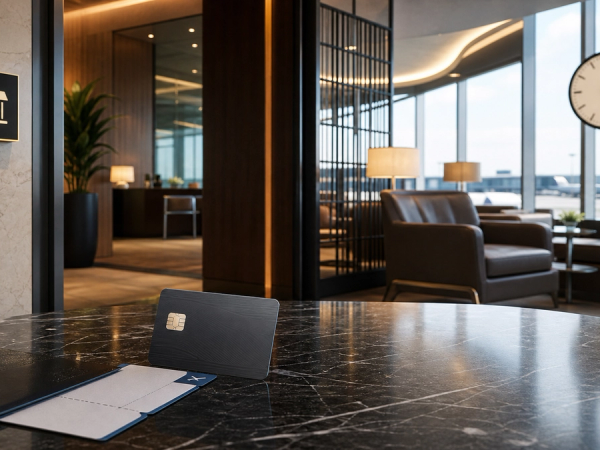 Quiet premium airport lounge workspace for evaluating travel-card access