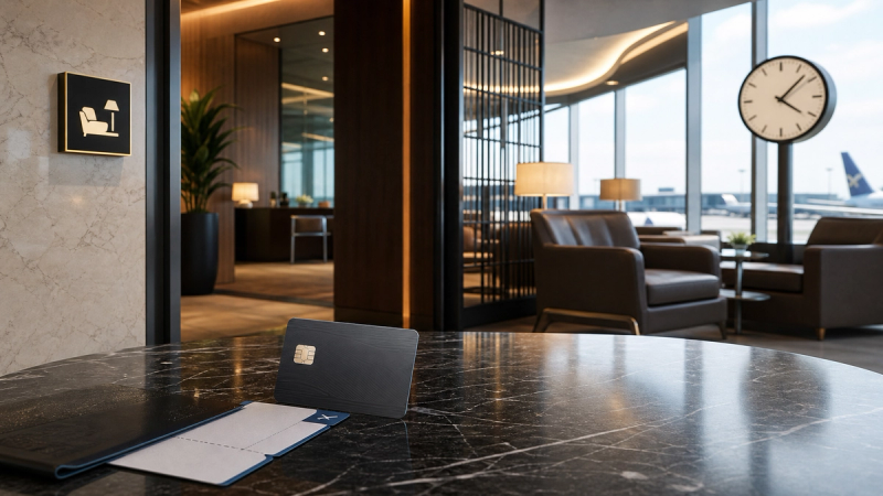 Quiet premium airport lounge workspace for evaluating travel-card access