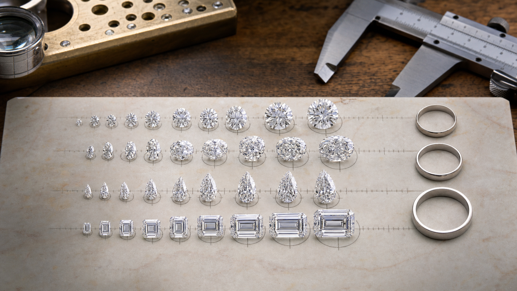 Graduated diamond shapes compared by millimetre size and ring coverage on a jeweller's bench
