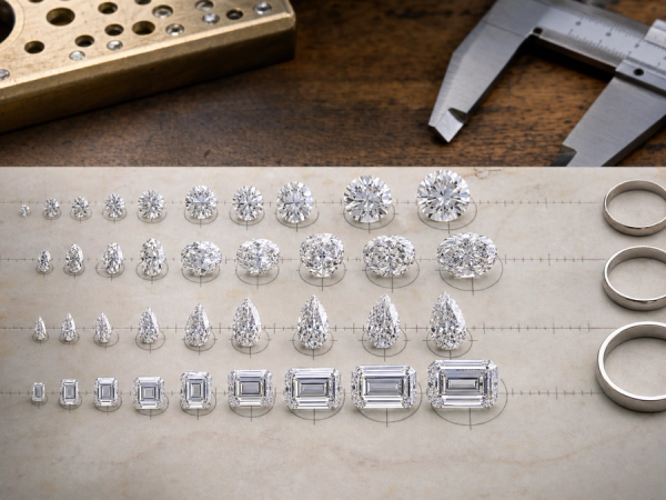 Graduated diamond shapes compared by millimetre size and ring coverage on a jeweller's bench