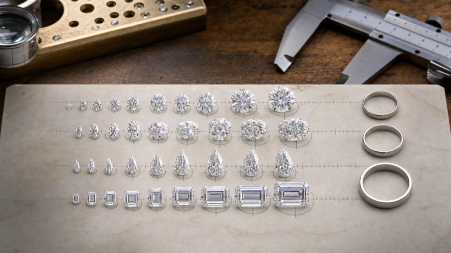 Graduated diamond shapes compared by millimetre size and ring coverage on a jeweller's bench
