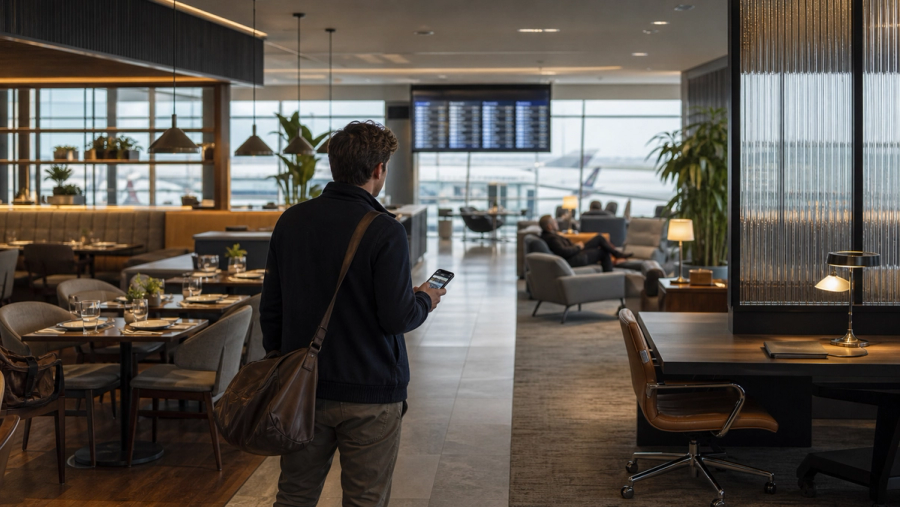 Traveller comparing dining, work and rest zones in a premium airport lounge