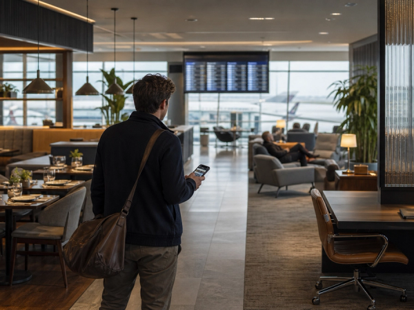 Traveller comparing dining, work and rest zones in a premium airport lounge