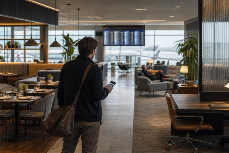 Traveller comparing dining, work and rest zones in a premium airport lounge