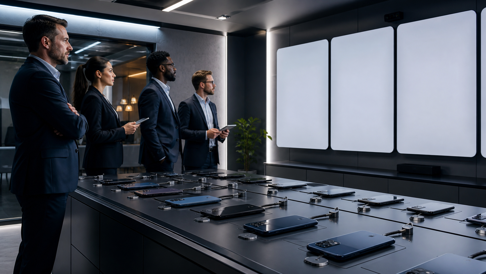 Business team preparing a secure wait-or-upgrade framework before a new smartphone launch