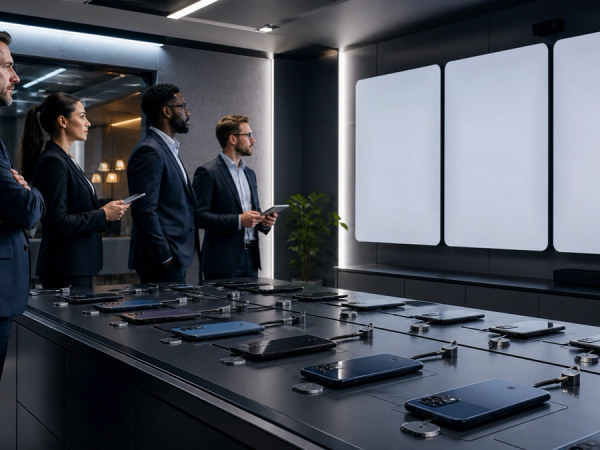 Business team preparing a secure wait-or-upgrade framework before a new smartphone launch
