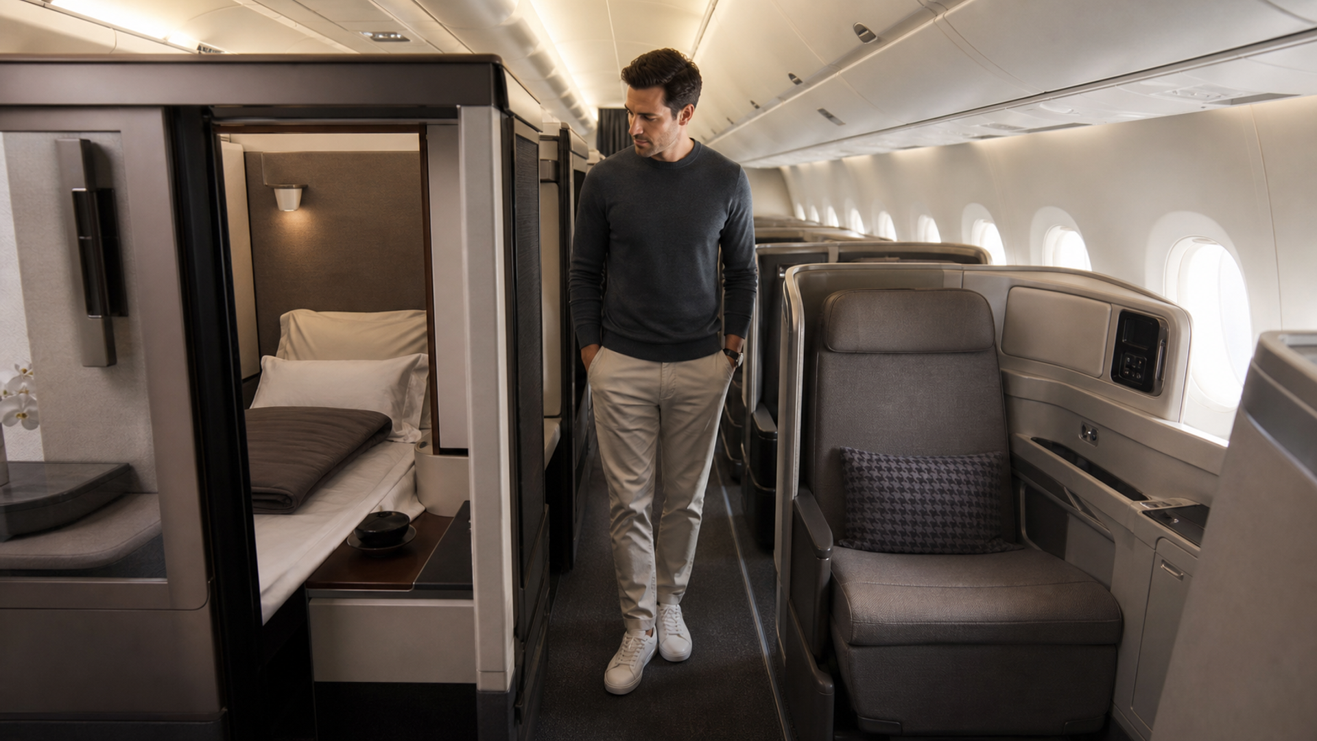 First Class private suite beside a lie-flat Business Class seat for a 2026 value comparison