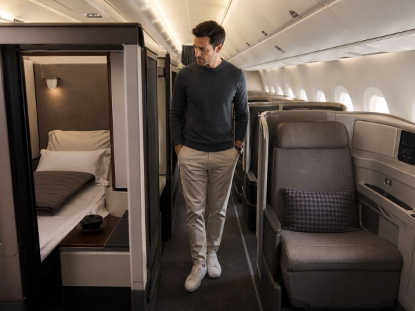 First Class private suite beside a lie-flat Business Class seat for a 2026 value comparison