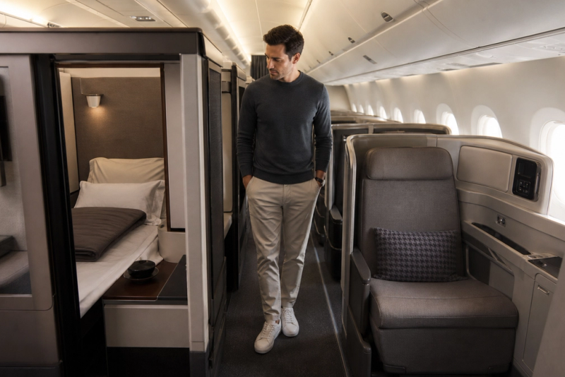 First Class private suite beside a lie-flat Business Class seat for a 2026 value comparison