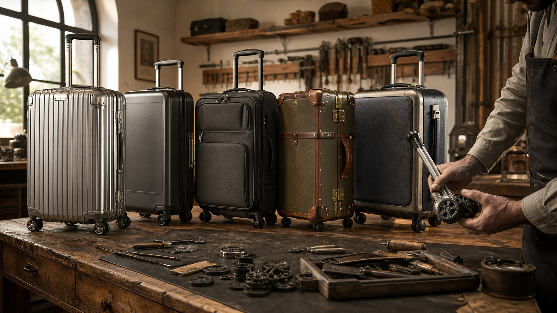 Five premium suitcase constructions compared in a luxury luggage repair atelier