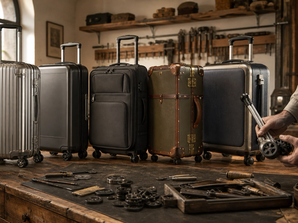 Five premium suitcase constructions compared in a luxury luggage repair atelier