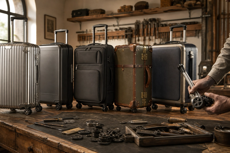 Five premium suitcase constructions compared in a luxury luggage repair atelier