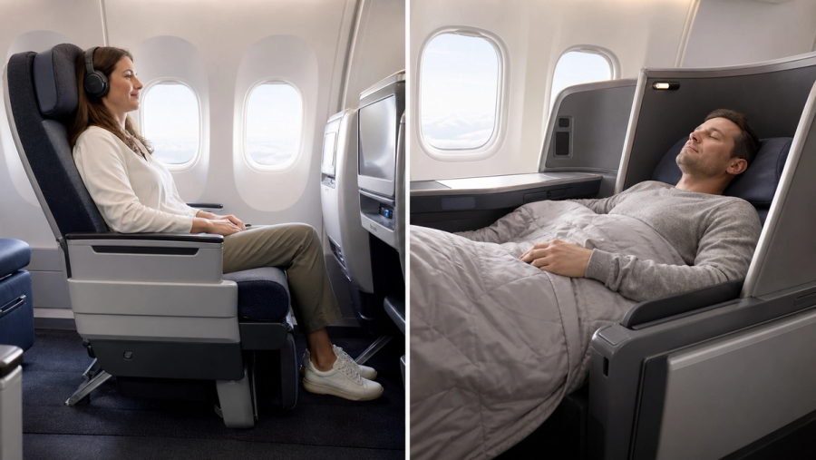 An unbranded premium-economy seat and lie-flat business-class seat shown in a side-by-side cabin comparison