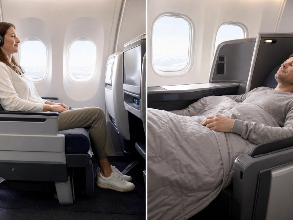 An unbranded premium-economy seat and lie-flat business-class seat shown in a side-by-side cabin comparison