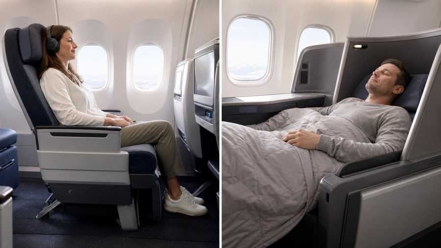 An unbranded premium-economy seat and lie-flat business-class seat shown in a side-by-side cabin comparison