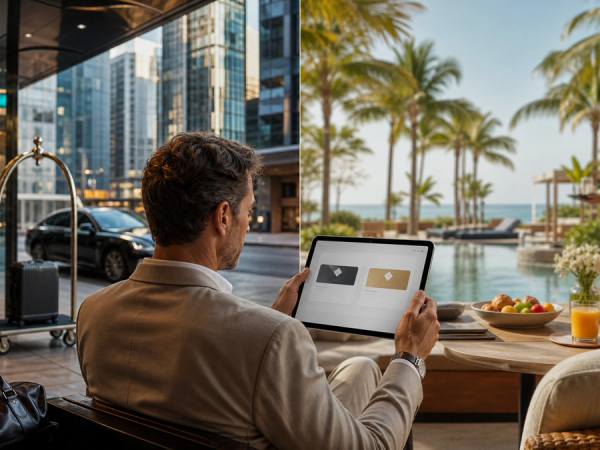 Traveller comparing two global hotel loyalty programmes before booking