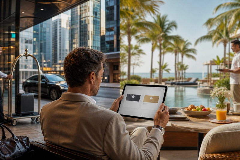 Traveller comparing two global hotel loyalty programmes before booking