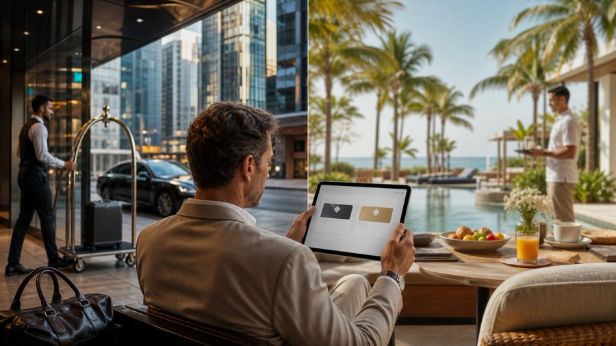 Traveller comparing two global hotel loyalty programmes before booking