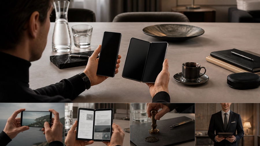 Two distinct luxury AI phone silhouettes compared by camera, foldable workspace, privacy and concierge workflow