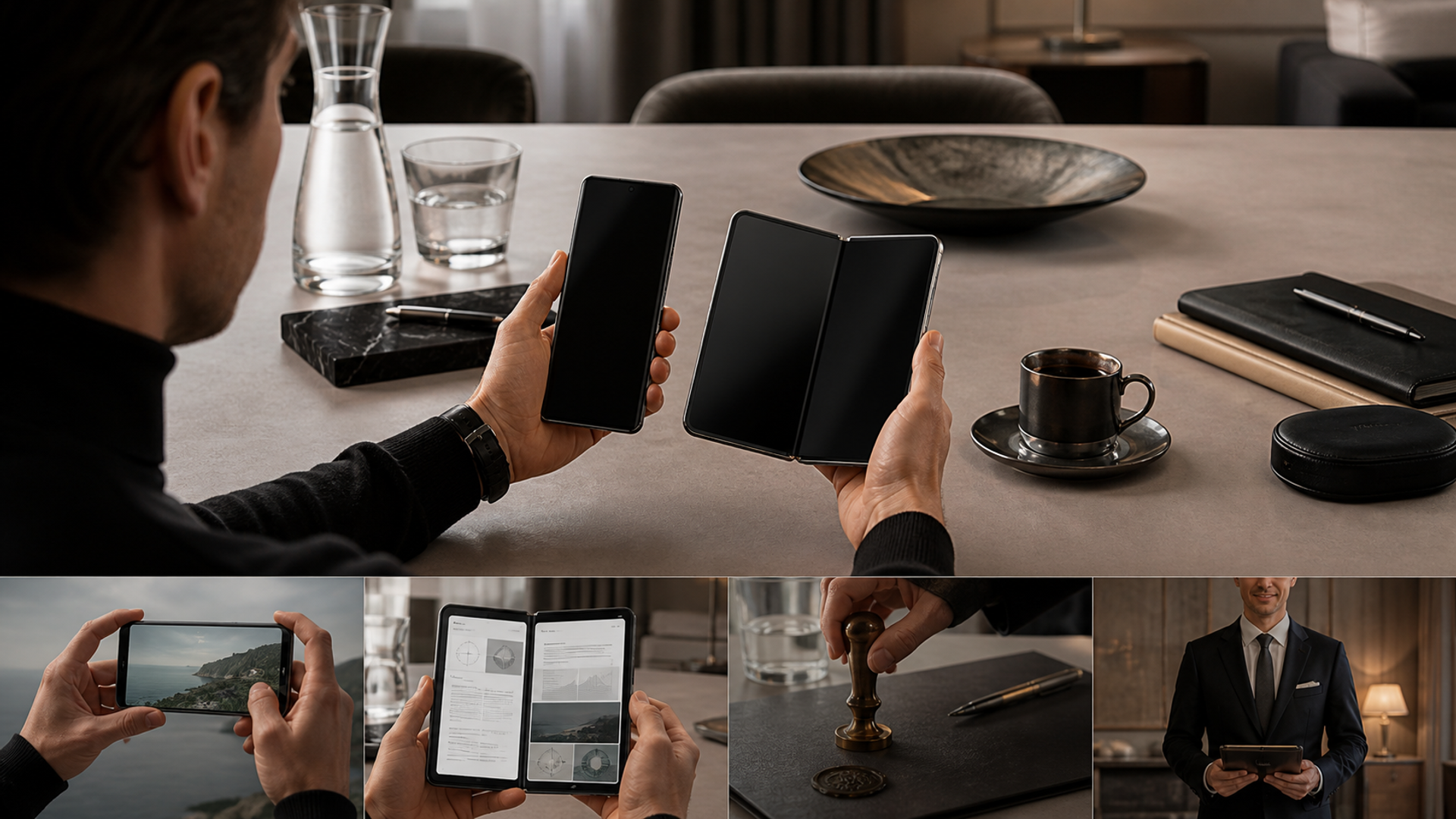 Two distinct luxury AI phone silhouettes compared by camera, foldable workspace, privacy and concierge workflow