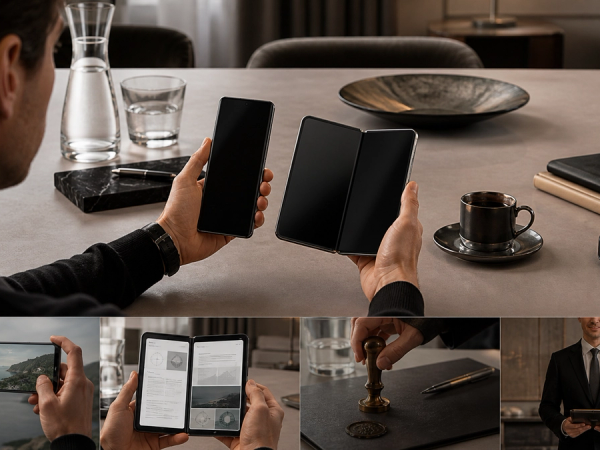 Two distinct luxury AI phone silhouettes compared by camera, foldable workspace, privacy and concierge workflow