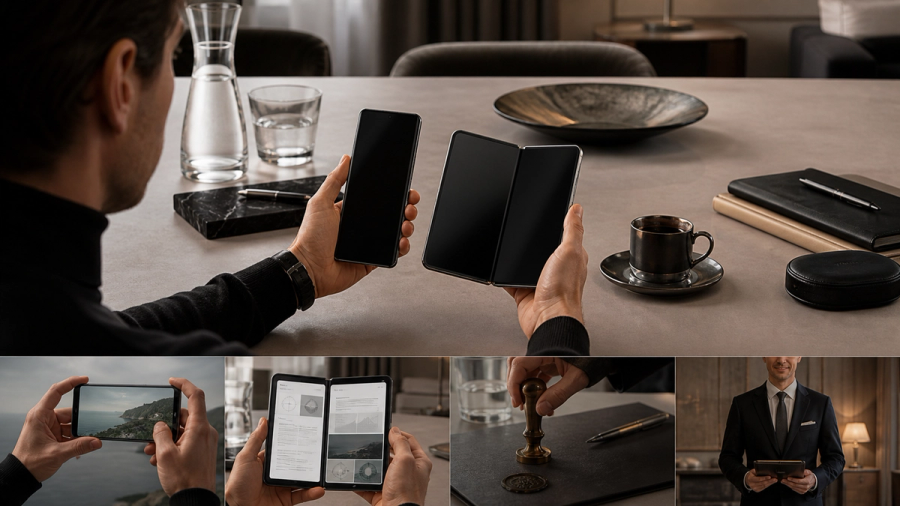 Two distinct luxury AI phone silhouettes compared by camera, foldable workspace, privacy and concierge workflow