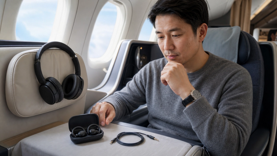 Noise-cancelling headphones and open-ear earbuds arranged beside a long-haul boarding pass