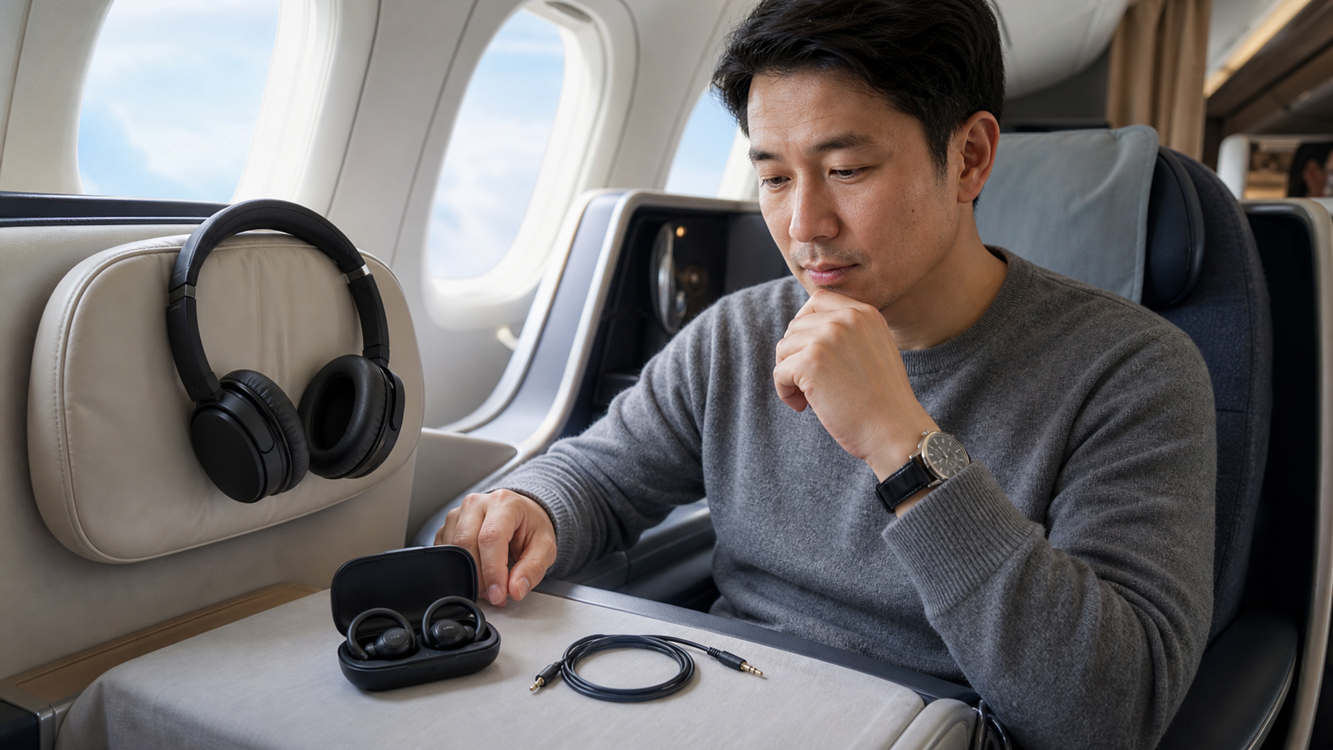 Noise-cancelling headphones and open-ear earbuds arranged beside a long-haul boarding pass