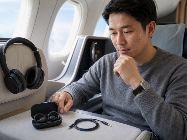 Noise-cancelling headphones and open-ear earbuds arranged beside a long-haul boarding pass